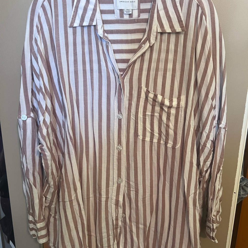 American Eagle Outfitters Women's Striped Button Down Shirt - Brown and White
